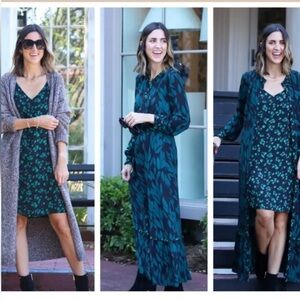 CAbi Green Autumn Leaf Print 2 Piece Maxi Dress Size Small